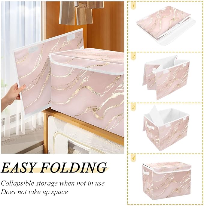senya Storage Baskets Collapsible Storage Bins with Lids, Rose Gold Pink Marble Boxes Clothes Baskets for Organizing