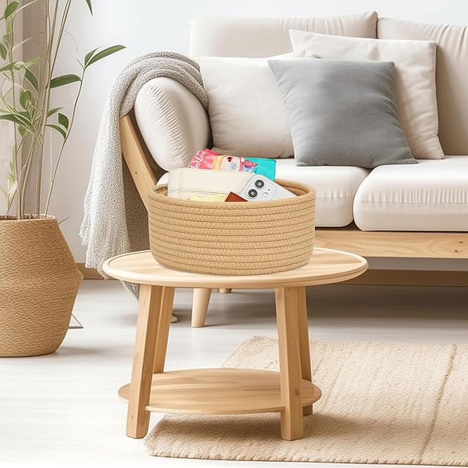 ABenkle Small Woven Basket, Empty Tiny Shallow Storage Basket, Mini Cotton Rope Baskets, Round Decorative Hamper, Basket Storage Bins for Toys, Spa, Socks, Nursery, Living Room