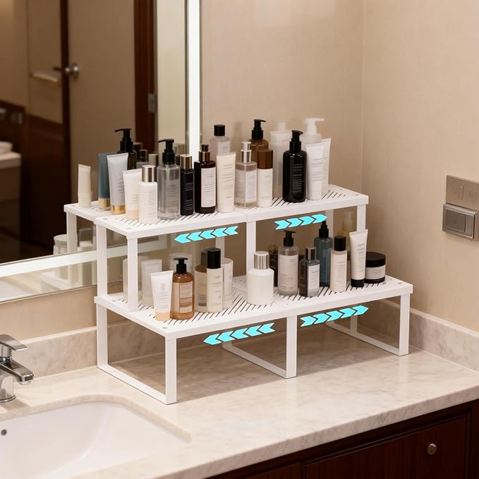 2 Pcs Stackable Kitchen Cabinet Shelf Organizer Counter Shelf Pantry Dishes Storage Shelves Rack