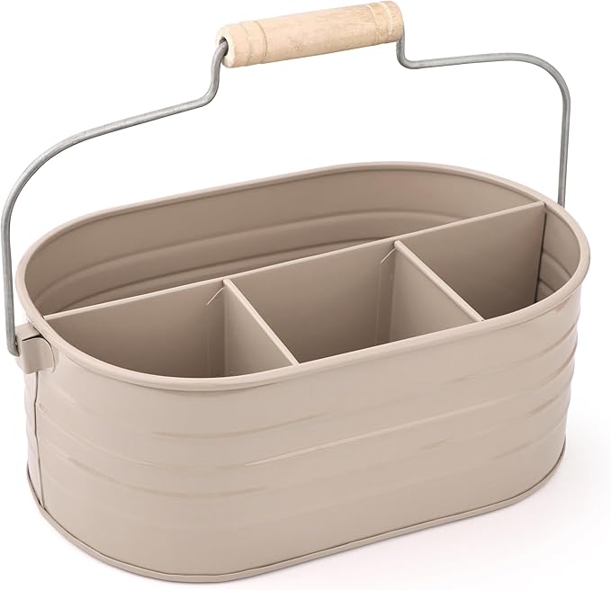 Alpha Living Home Multi-Functional Utensil Silverware Caddy – 4-Compartment Organizer for Kitchen, Party & Office – Durable Beige Powder-Coated Iron Alloy with Wooden Handle