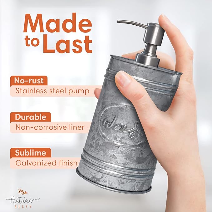 Autumn Alley Galvanized Farmhouse Soap Dispenser Kitchen - Rustic Soap Dispenser for Bathroom - Stainless Steel Pump for Hand Wash, Sanitizer, Lotion, Rustic Bathroom Accessories,17.5 oz, Grey