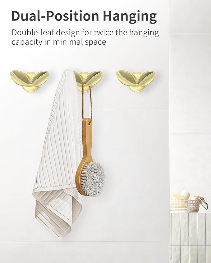 Decorative Coat Hooks Wall Mount, Unique Wall Decor Hooks for Hanging Towel Key Purse Hat Robe Clothes Cute Dual Leaves Hanger Hook for Bathroom Shower Closet Entryway Brushed Brass 4 Pack