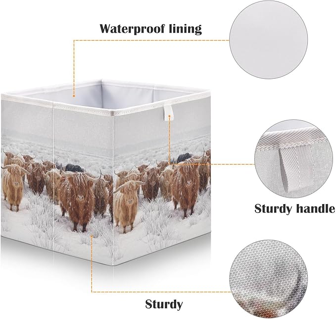 linqin Scottish Highland Cow Print Rectangle Storage Basket, Foldable Open Storage Bins Baby Nursery Organizing with Handles for Shelves Closet Home Decor