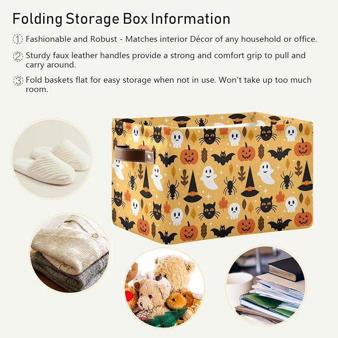 Bolaz Large Storage Basket Halloween Spooky Skull Pumpkin Black Cat Foldable Storage Box Organizer Bins with Handles for Bedroom Home Office