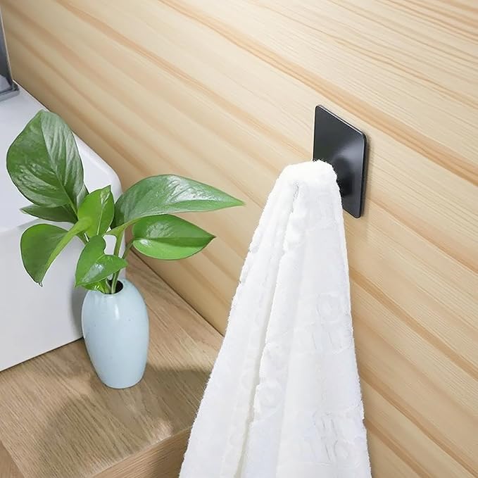 Adhesive Towel Hooks for Bathroom, 4-Pack Matte Black Stainless Steel Wall Hooks, Heavy-Duty No-Drill Adhesive Hooks for Towels, Coats, Jackets, Kitchen, Shower, RV & Apartment Decor