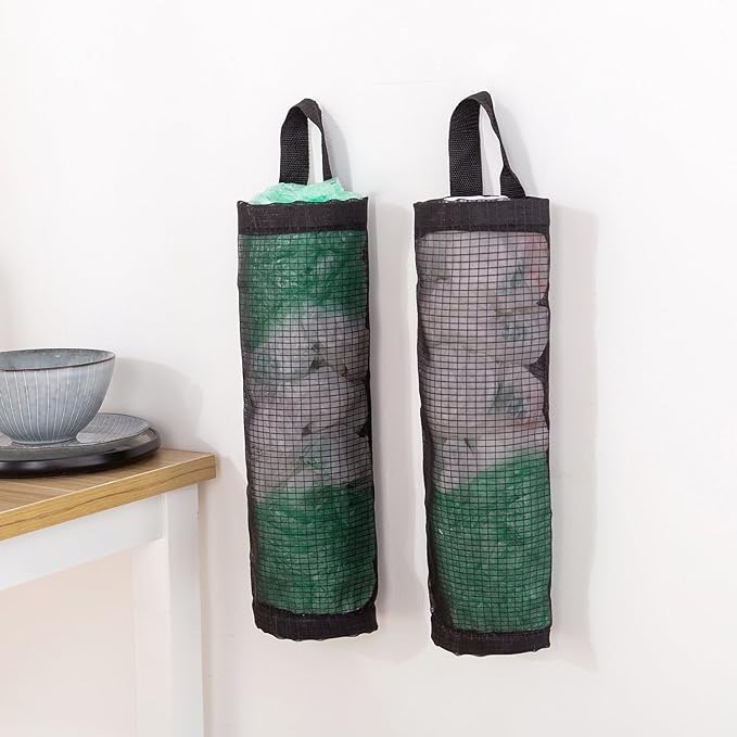 Bag Holder for Plastic Bags, 2 Pcs Polyester Grocery Bag Holder Plastic Dispenser Foldable Breathable Washable Hanging Mesh Garbage Bag Organizer for Kitchen Plastic Bag Storage (Black)