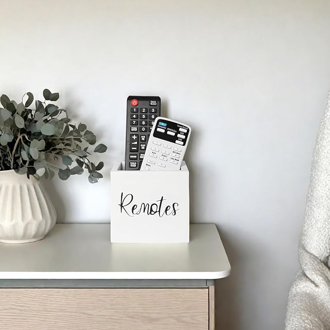Wood Remote Control Holder, TV Remote Control Organizer for Home Bedroom Table, Multi-Purpose Desktop Storage (White, S,for 2 or 3 Remote Controls)
