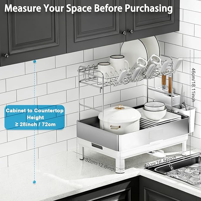 Ewaiira Dish Drying Rack, 304 Stainless Steel Dish Racks for Kitchen Counter, Dish Drainers with Automatic Drainage, Utensil Holder & Cups Holder, Space Saving Kitchen Organizer (2-Tier White)