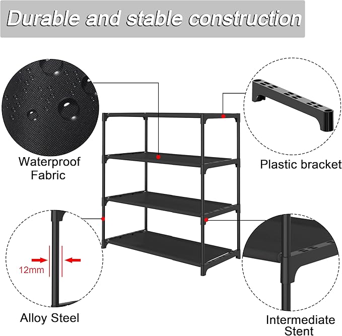 4-Tier Small Shoe Rack .Stackable Shoe Shelf Storage Organizer for Entryway Hallway Closet Bathroom Living Room (Black)