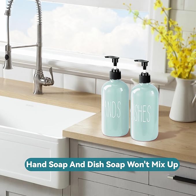 Glass Soap Dispenser Set 2 Pack,16 Oz Dish Soap Dispenser for Kitchen Sink,Green Kitchen Accessories and Kitchen Decor,Green Decorations and Kitchen Utensils for Kitchen