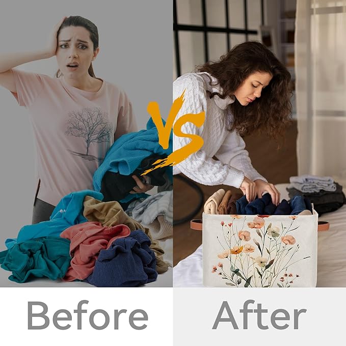 Floral Large Fabric Storage Basket for Shelves Organizing, Rectangular Closet Organizer with Handles, Wildflower Botanical Plant Decorative Foldable Closet Storage Basket