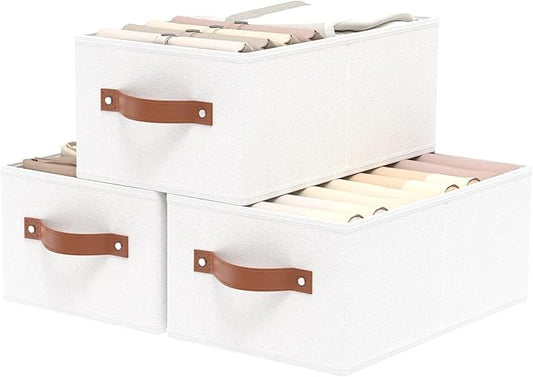 OUTBROS Foldable Wardrobe Organiser, Fabric Storage Bins, Boxes With Handles, For Bedrooms, Living Rooms, Shelves, White, 16.1 x 6.5 x 9.8 inch, 3-Pack