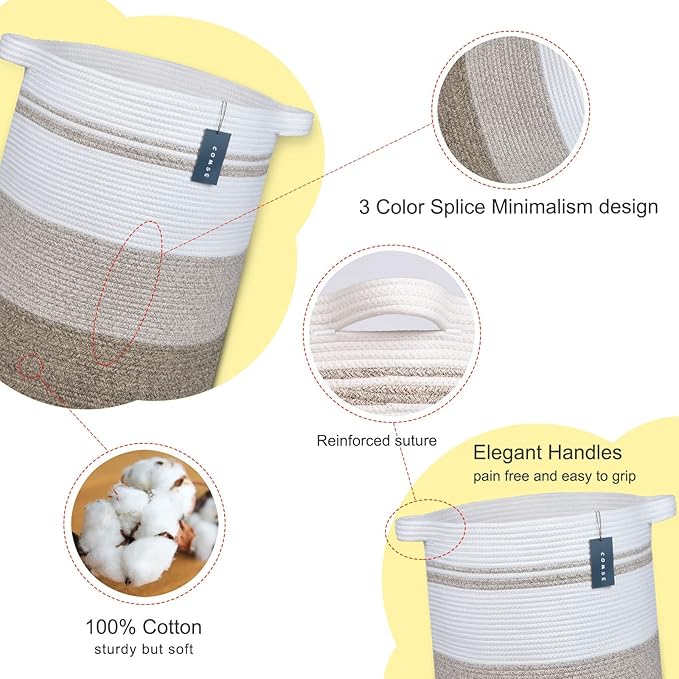COMSE Extra Large Blanket Basket, Tall Laundry Basket, Nursery Hamper, 15.7âx 21.7â, Cotton Rope Woven Laundry Hamper for Storage Toys Clothes Towels, Gradient Brown