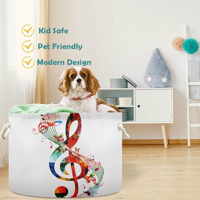 visesunny Storage Basket Colorful Music Notes Nursery Hamper Canvas Fabric Toy Storage Organizer Bin Storage Box Laundry Basket for Kid Rooms,Playroom,Shelves,Toy Basket