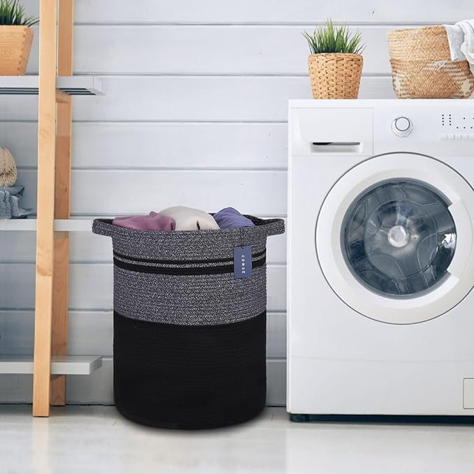 COMSE Extra Large Blanket Basket, Tall Laundry Basket, Nursery Hamper, 15.7âx 21.7â, Cotton Rope Woven Laundry Hamper for Storage Toys Clothes Towels, Black