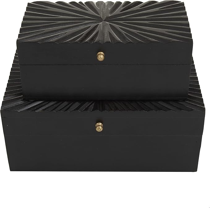 CosmoLiving by Cosmopolitan Wood Geometric Decorative Box Decorative Keepsake Boxes with Hinged Lid, Set of 2 Storage Boxes 10", 8"W, Black