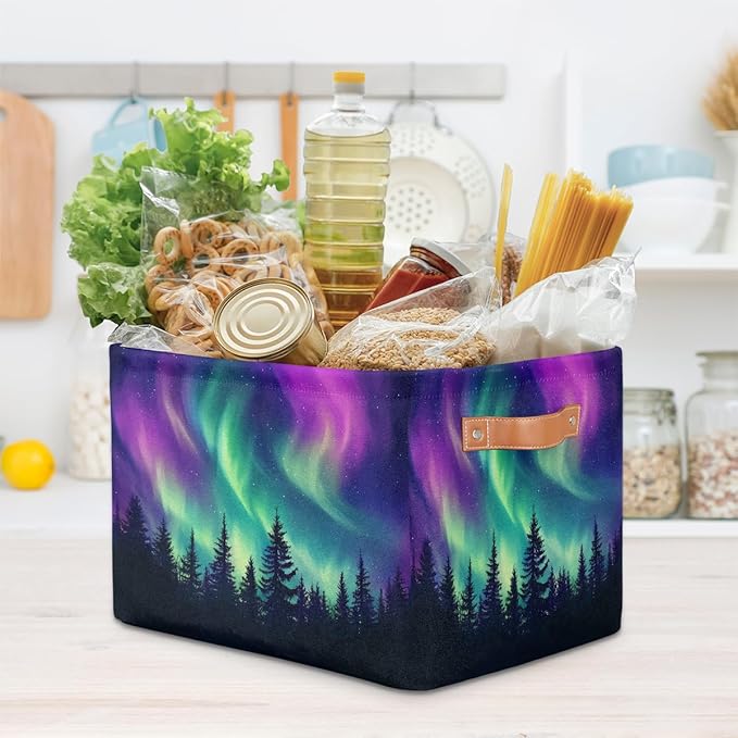 Storage Basket Northern Light Aurora Storage Cube Box Durable Canvas Collapsible Toy Basket Organizer Bin with Handles for Shelf Closet Bedroom Home Office