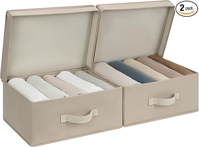 StorageWorks Small Storage Boxes with Lids, Stackable Fabric Storage Bins with Handles, Storage Baksets for Closet, Shelves, 15" x11¼x 6¼", Light Brown, 2-Pack