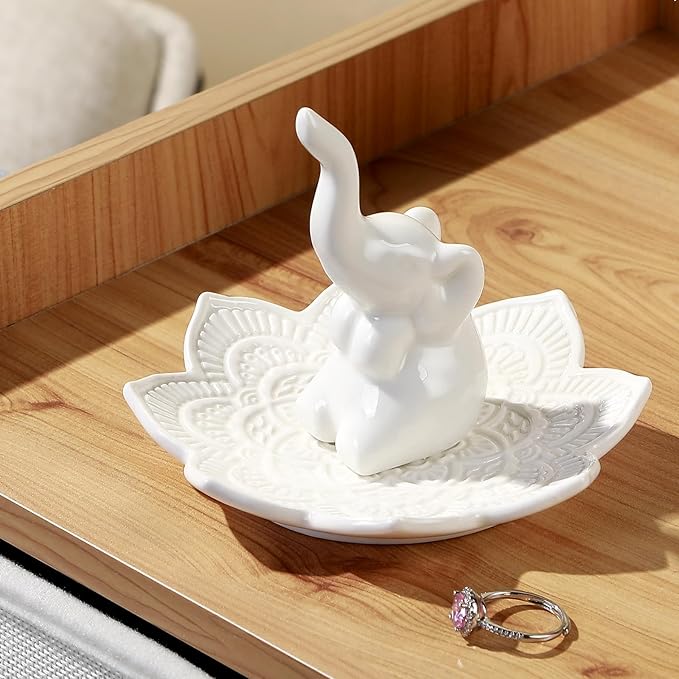 White Elephant Ring Holder With Mandala Jewelry Dish, Boho Decor, Holder for Rings Earrings Bracelets, Gifts for Adults, Birthday Mothers Day Christmas Gifts for Women