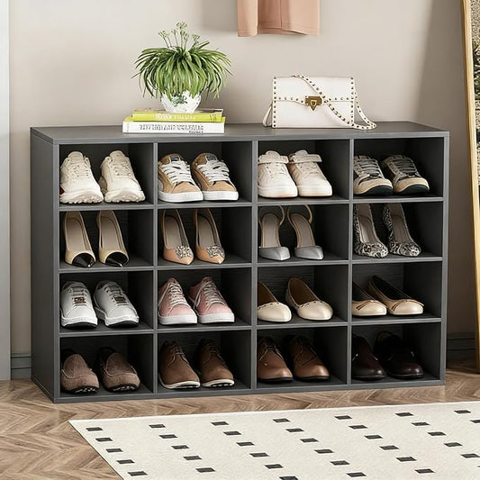 Garden 4 you Shoe Storage Bench, Cubby Shoe Rack with 16 Cubbies, 4-Tier Wood Shoe Rack Organizer, Shoe Organizer Cabinet for Entryway, Hallway, Closet and Garage, Black