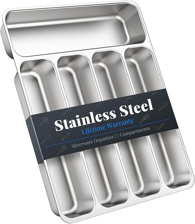IKOCO Silverware Organizer Stainless Steel Utensil Drawer Organizer with 5 Compartments for Kitchen, Dishwasher Safe, Holds Spoons Forks Knives (13.8" x 11.4", Silver)