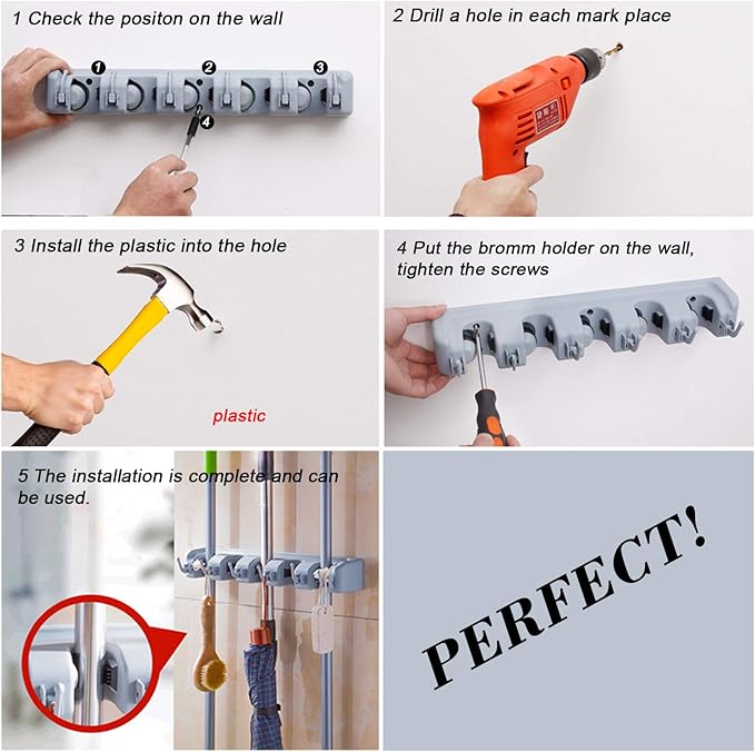 Broom Holder Wall Mount Broom Organizer Mop Holder Hanger Garden Tool Organizers Storage Rack Garage Laundry Room Organizations and Storage with Hooks Heavy Duty