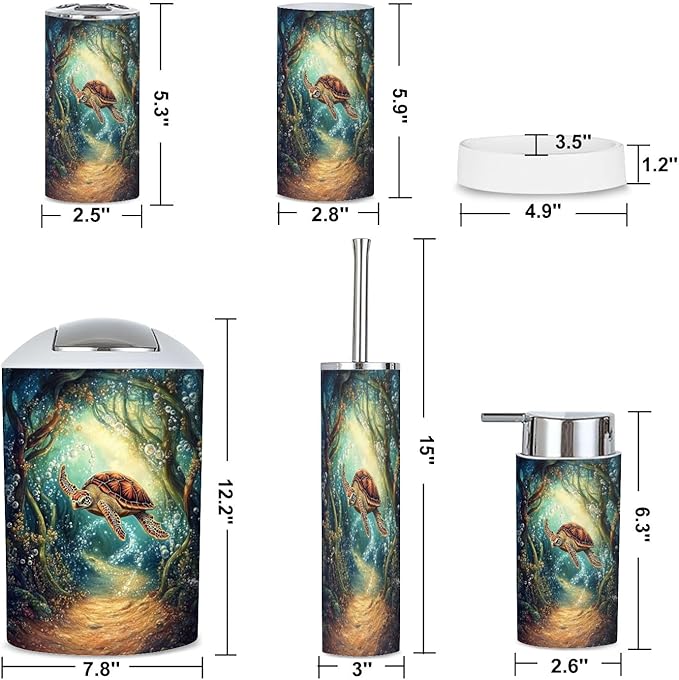 6 Piece Bathroom Accessories Set Turtle s Kelp Bubbles Wonder Trash can Toilet Brush Holder Toothbrush Holder Toothbrush Cup Soap Dispenser Soap Dish for Home