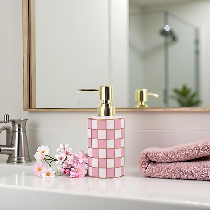 Checkered Bathroom Soap Dispenser,Gold Pump Ceramic Soap Dispenser,Kitchen Checkerboard Empty Pump Bottle,Bath Countertop Storage Organizer,Checkered Bathroom Decor (Pink)