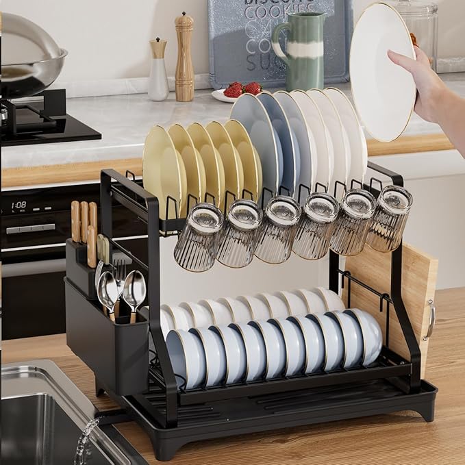 2-Tier Kitchen Dish Drying Rack with Drainboard, Black, Large Capacity Dish Rack with Cup Holder, Knife Block, Cutting Board Rack, 42x32.5x34cm