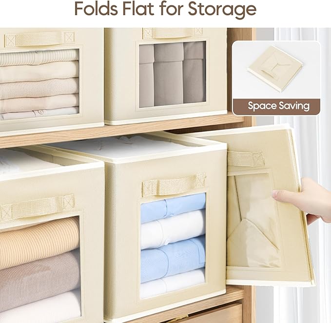 Foldable Storage Cubes - Cubby Storage Organizer with Window, Decorative Baskets for Organizing, Fabric Bins for Clothes Storage, Closet Storage Cubes-11inch, Set of 12, Beige