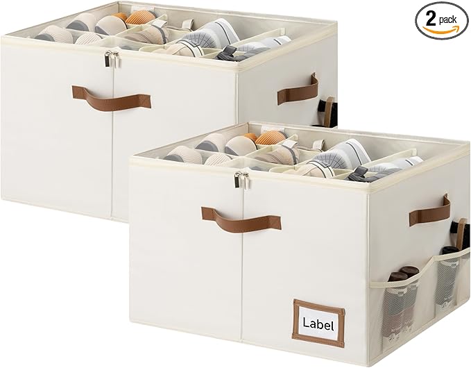 StorageWorks Shoe Organizer for Closet, 2 Pack Shoe Storage Boxes with Clear Lid, Stackable Shoe Storage Organizer for Sandals and Slippers, Fabric Shoe Bins for Closet, Holds 16–32 Pairs, Beige