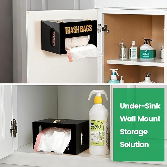 Extra Large Black Bamboo Trash Bag Organizer Roll Holder, Fits Costco & Sam's Club Jumbo Rolls, Under-Sink, Cabinet & Wall Mount Dispenser, Garbage Bag Storage for Kitchen, Pantry, Garage