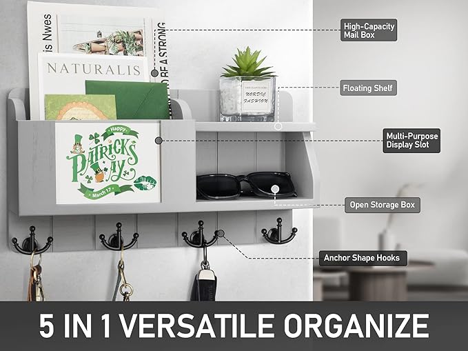 Rebee Vision Key Holder and Mail Organizer Wall Mount with Shelf - Modern Home Decor for Entryway
