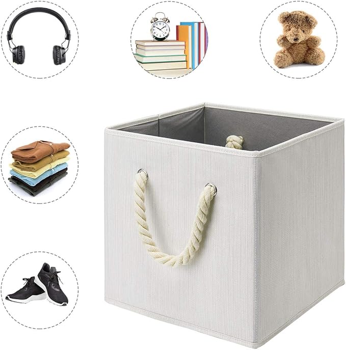 i BKGOO Foldable Storage Cube Bins Beige-White Bamboo Fabric Collapsible Resistant Basket Box Organizer with Cotton Rope Handle for Home Office and Nursery 10.5x10.5x11 inch