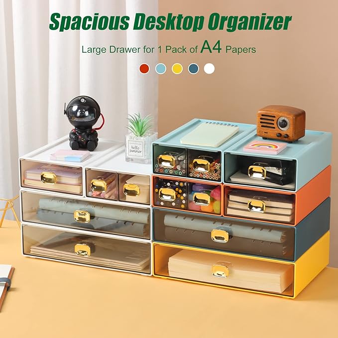 Spacious Desk Drawers, Stackable Desktop Organizer, Plastic Storage Box for Office, School & Home Supplies (2 Middle Drawers, OG & YE)