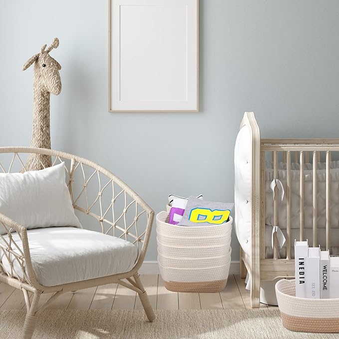 Sawysine 6 Pcs Cotton Rope Woven Basket for Storage Baskets for Organizing Storage Baskets Rope Basket with Handles for Cloth Blanket Toys Living Room Bathroom Laundry (Khaki and White)