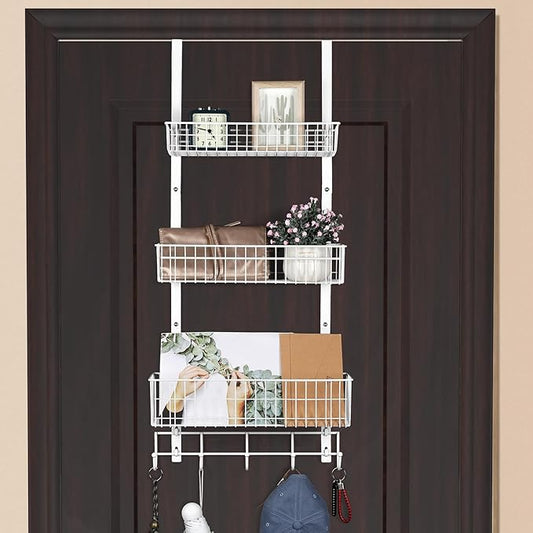 ETELI Over The Door Basket Organizer with 3 Mesh Baskets and 5 Hooks Heavy Duty Pantry Door Organizer Back of Door Storage Rack for Bathroom, Kitchen, Office, White