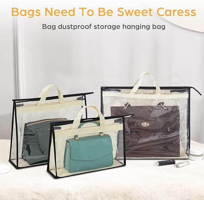 Interesse 12 Packs Dust Bags for Handbags, Clear Handbag Storage, Purse Storage Organizer for Closet, Purse Cover Hanging Closet Organizer with Zipper and Handles