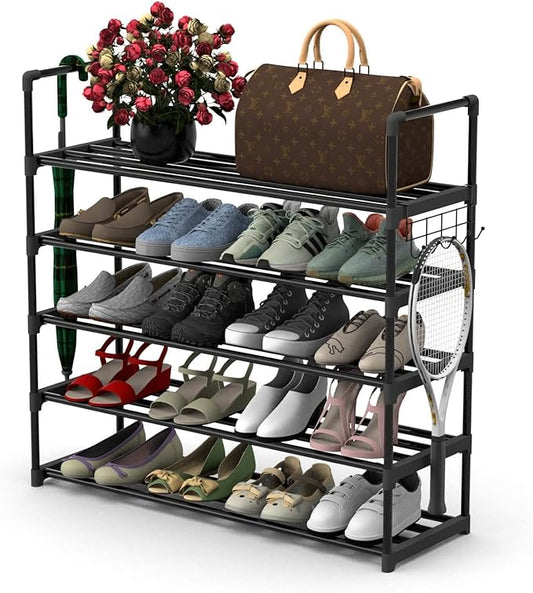 5 Tiers Metal Shoe Rack,Adjustable Shoe Shelf Storage Organizer with Hooks,Stackable Boot & Shoe Storage,for Entryway,Hallway,Closet,Black
