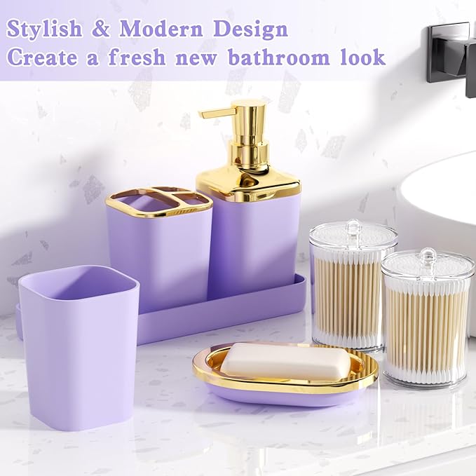 Purple Bathroom Accessories, Bathroom Sets with Stripe Shower Curtain, Purple and Gold Bathroom Accessories Set with Trash Can, Soap Dispenser, Soap Dish, Qtip Holders for Bathroom