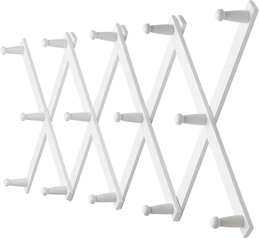 Dseap Accordian Wall Hanger: 16” High Wooden Wall Expandable Coat Rack, Hat Rack Holder, Accordion Hook for Baseball Caps, Coats, Mugs, 14 Peg Hooks, White