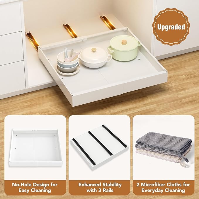 1 Pack Pull-Out Cabinet Organizer, 21" Deep, Expandable (12.2"-20.3"), Slide-Out Drawer for Kitchen Cabinet with 2 Cleaning Cloths, Roll-Out Shelf for Pantry, Bathroom, 3 Slide Rails, White
