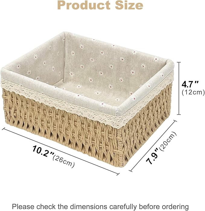 Large Wicker Storage Basket with Liner, Hand-Woven Paper Rope Rattan Organizer Bin for Pantry, Countertop, Bathroom, Bedroom, Shelves (Beige, L)
