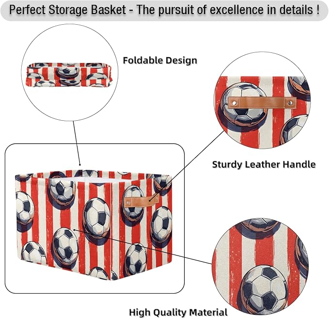 Storage Bins for Organization, Soccer Canvas Book Storage Bins with Handles, Bedroom Shelves Decorative Baskets for Organizing, Fabric Cube Bin Classroom Dorm Closet Organizer Box