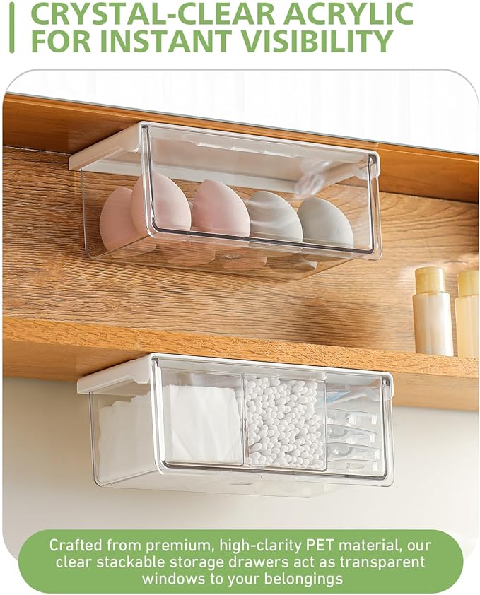 BALUCA Small Clear Stackable Storage Drawers – 33° Angled Acrylic Makeup Organizer for Vanity, Undersink & Kitchen Cabinets | Multi-Purpose Plastic Storage Bins & Drawer Organizer Bins (Large)
