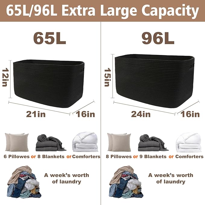 Woven Blanket Basket,96L Large Storage Bin for Blankets Toys Clothes,Decorative Rope Basket for Living Room Bedroom with Handles, Black