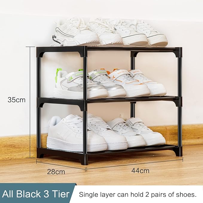 Stackable Small Shoe Rack for Closet 3 Tier, Sturdy Shoe Rack Organizer for Front Door Entrance and Entryway, Free Standing Metal Shoe Shelf Storage for Closet Bedroom Garage Black