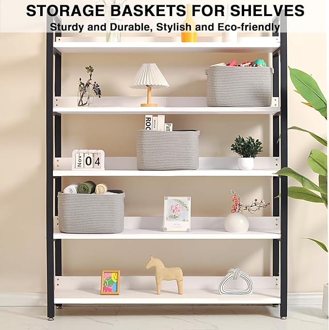 Grey Storage Baskets for Organizing Shelves, Woven Cotton Rope Basket for Storage, Gray Baskets for Toys, Cute Shelf Basket for Living Room Bedroom, 14.8"×11"×9.5", Pack of 3, Grey
