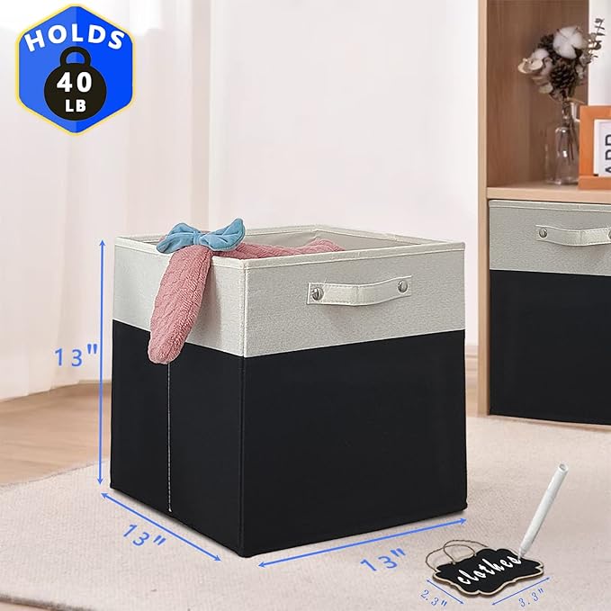 13x13x13 Inch Large Foldable Fabric Linen Cube Storage Bins【4-pack】, with Cotton Handles Closet Bins for Cabinet Shelves Home Organization and Storage bins(White&black)