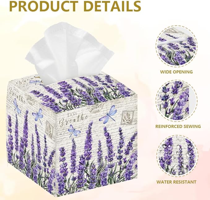 Lavender Tissue Box Holder, Flower Square Tissue Box Cover Foldable Tissue Storage Box Waterproof Paper Towel Case Container Organizer Tissue Box Holder for Bedroom Bathroom Car Nightstand
